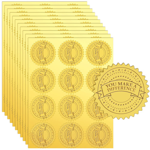 360 Pcs Gold Foil Embossed Certificate Seals 2" Round You Make a Difference Self Adhesive Embossed Seals Gold Seal Stickers Medal Decoration Labels for Envelopes Diplomas Certificates Awards