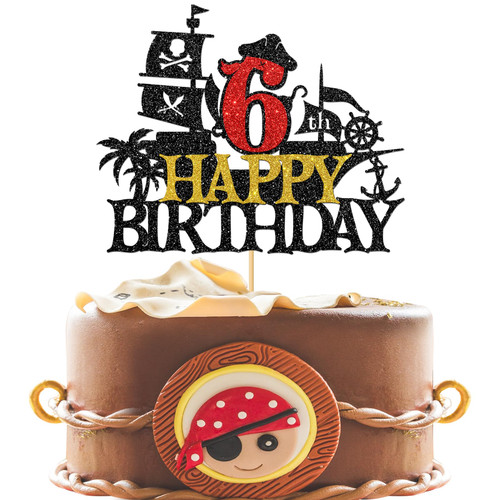Pirate Happy 6th Birthday Cake Topper, Nautical Sailing Pirate Ship 6th Birthday, Pirate Themed Kids Birthday Party Decorations Black Glitter (6th) Pirate Happy 6th Birthday Cake Topper, Nautical Sailing Pirate Ship 6th Birthday, Pirate Themed Kids Birthday Party Decorations Black Glitter (6th)