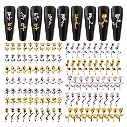 120pcs 3d Rose Nail Charms Metal Nail Flowers Charms 3d Flowers For Nails Jewelry For Acrylic Nails Gold Silver Rose For Nail Art 3d Flower Charms Nail Jewels For Women Girls Nail 3d Charms