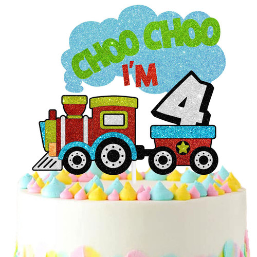 4th Birthday Cake Topper, Choo Choo I'm 4 train Theme Kids Birthday Glitter Party Decoration Supplies 4th Birthday Cake Topper, Choo Choo I'm 4 train Theme Kids Birthday Glitter Party Decoration Supplies