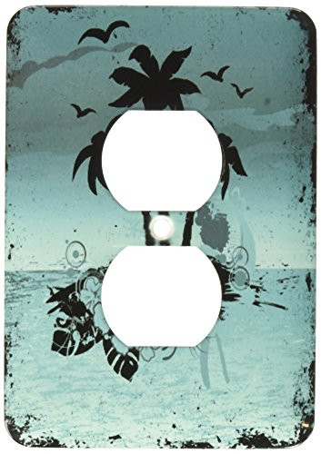 3dRose LLC lsp_152568_6 A Pretty Night Island Scene with Palm Trees and Tropical Flowers in Turquoise 2 Plug Outlet Cover