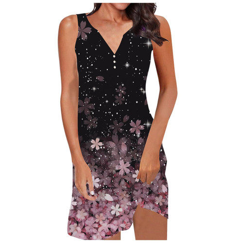 Vacation Dresses for Women,Boho Floral Printed Button Dress V Neck Sleeveless Beach Sun Dress Summer Vacation Short Dresses Tunic Dress Purple