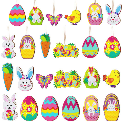 24 Pieces Easter Tree Ornaments Easter Egg Bunny Chick Carrot Butterfly Basket Happy Easter Cutouts Wooden Hanging Ornament Spring Easter Hanging Ceiling Decoration