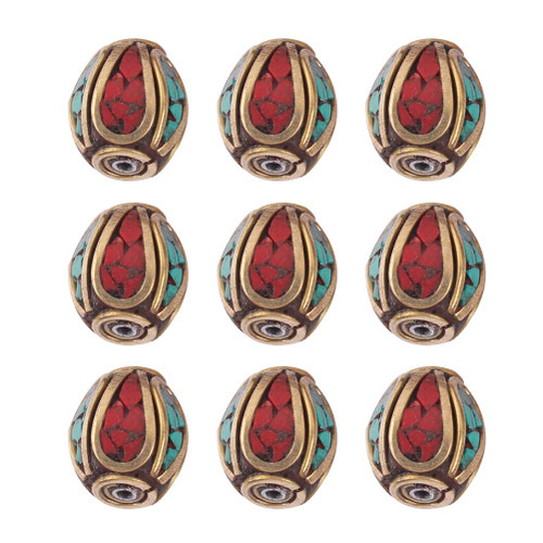 10pcs Nepal Handmade Buddha Beads Tibetan Nepalese Handmade Turquoise Coral Beads Copper Spacer Beads Hole Beads for Jewelry Making