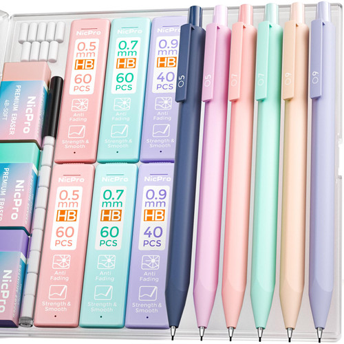 6PCS Pastel Mechanical Pencil Set, 0.5 & 0.7 & 0.9 mm with 6 Tubes HB Lead Refill, 3PCS Eraser and 9PCS Eraser Refill for Student Writing Drafting, Drawing, Sketching-with Cute Case