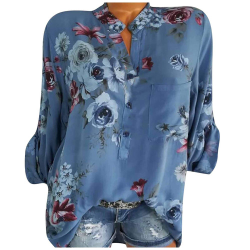 Plus Size Tops for Women Elegant Floral Print Long Sleeve Button V Neck Shirts Summer Loose Casual T-Shirts Blouses