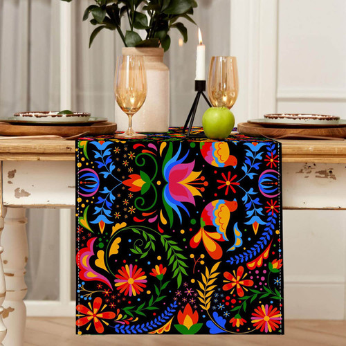 Mexican Serape Table Runner 72 Inches Linen Mexican Tableclothes Dia De Los Muertos Table Runners Mexican Fiesta Table Runner Day of The Dead Decorations Washable Polyester Runner for Table