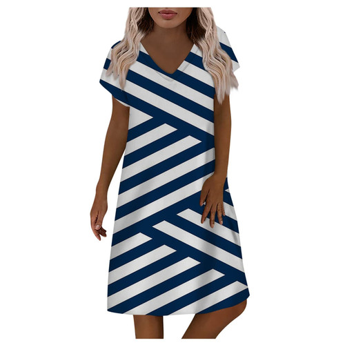 Womens Summer Floral Print Short Sleeve Sundress V Neck Knee Length Beach Dress Trendy Casual Holiday Dress