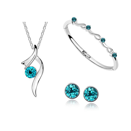 Fashion Simple Necklace Earrings Bracelet Set Jewelry Crystal Pendant for Women Wedding Party Gift (Cyan)