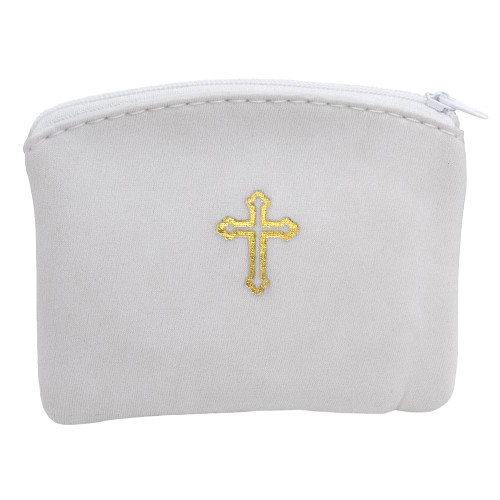 Rosary Pouch with Zipper | Gold-Tone Cross | Black or White | Portable Bag for Rosaries, Coins, and Religious Jewelry | Great Catholic Gift for First Holy Communion (White)