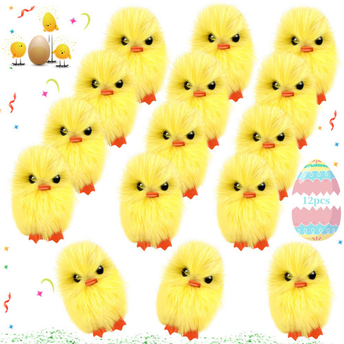 12Pcs Easter Fur Chicks Chenille Easter Chicks 2.36inch Small Soft Fluffy Chick Plush Chick Decoration for Easter Party Supply, Yellow