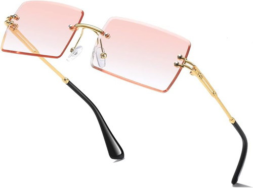 Rimless Rectangle Sunglasses for Women Men 90s Sunglasses Pink Trendy Vintage Frameless Sun Glasses(Gold/Pink Lens)