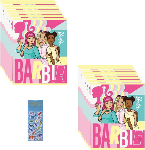 Barbie Birthday Party Supplies Bundle Pack includes 16 Plastic Favor Loot Bags and 1 Dinosaur Sticker Sheet