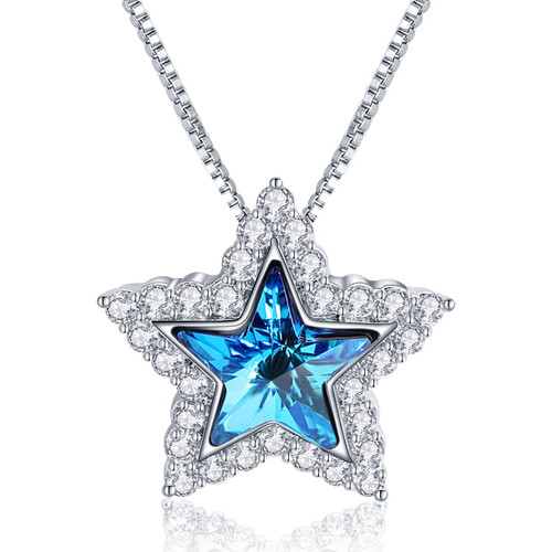 Crystal Star Necklace for Women 18K White Gold Plated Butterfly Pendant Necklace Jewelry with Cubic Zirconia (Blue Star)