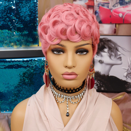 Pink Short Wigs for Black Women Short Curly Pixie Cut Wigs with Bangs Pink Curly Pixie Wig Fluffy Heat Resistant Synthetic Fiber Wigs Natural Daily Full Machine Hair Replacement Wigs