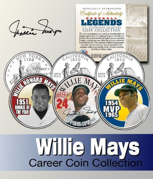 Baseball Legend WILLIE MAYS US Statehood Quarter Colorized 3-Coin SetLicensed Baseball Legend WILLIE MAYS US Statehood Quarter Colorized 3-Coin SetLicensed