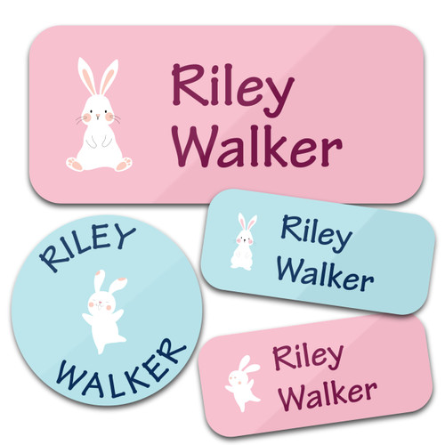 Personalized Daycare Name Labels (130 Labels) - Custom Waterproof Name Stickers for Clothing Tags, Water Bottles, Lunch Boxes and School Supplies (Bunny)