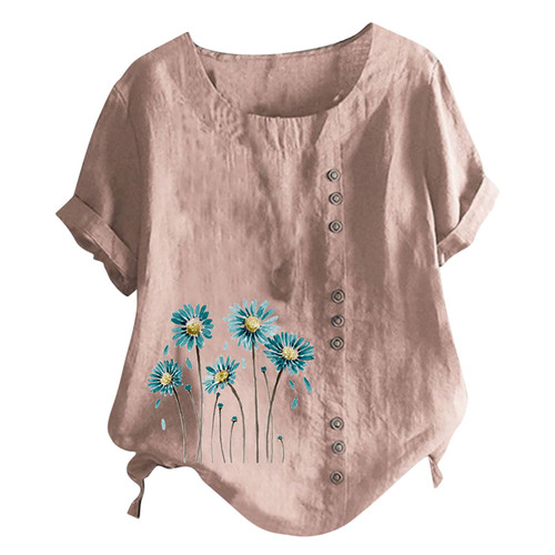 Plus Size Linen Cotton Tops for Women Floral Shirts with Button Crewneck Short Sleeve Casual Blouses Pink