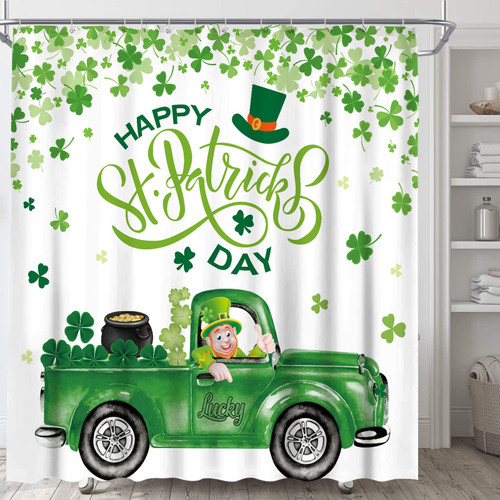 Happy St Patricks Day Shower Curtain for Bathroom, St. Patrick's Leprechaun Gnomes Irish Clover Truck Waterproof Bath Curtain, Shamrocks Fabric Shower Curtains with Hooks for Home Decorations, 72"x72"