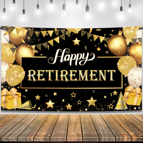 , Happy Retirement Banner Black and Gold - XtraLarge 72x44 Inch | Happy Retirement Decorations for Men, Happy Retirement Backdrop | Retirement Party Decorations Men, Retirement Banner for Women