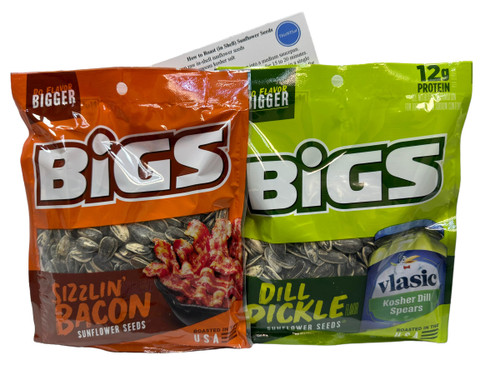 Bigs Roasted Sunflower Seeds Bundle: (1) 3.63 oz Dill Pickle Bags, (1) 3.63 oz Sizzlin' Bacon & Recipe Card Bigs Roasted Sunflower Seeds Bundle: (1) 3.63 oz Dill Pickle Bags, (1) 3.63 oz Sizzlin' Bacon & Recipe Card