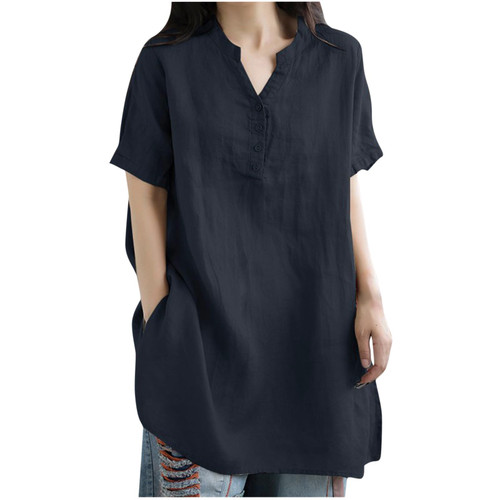 Cotton Linen Tops for Women Short Sleeve V Neck Tees Casual Button Plus Size T-Shirts Solid Color Summer Blouse