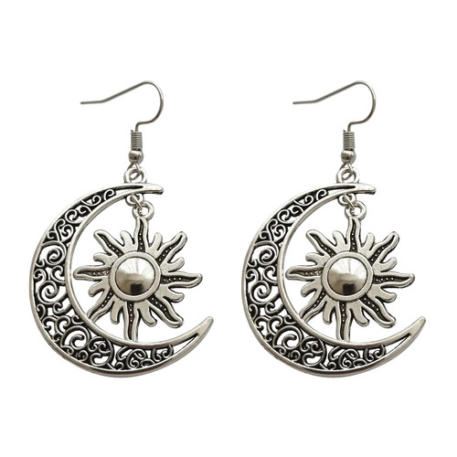 Boho Crescent Moon and Sun Dangle Earring, Celestial Jewelry, Women Statement Earrings