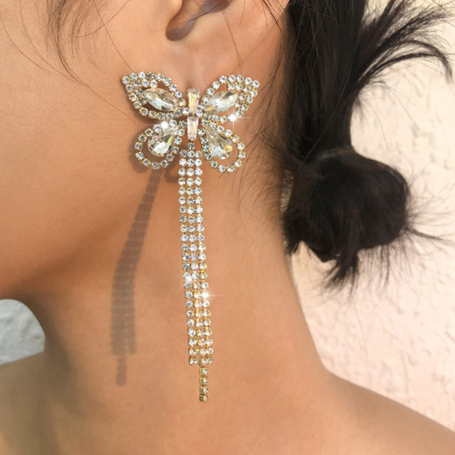 Gold Butterfly Tassel Earrings Cubic Rhinestone Crystal Stud Earrings for Women Girls Bridal Butterfly Drop Dangle Earrings for Prom Party (Gold)