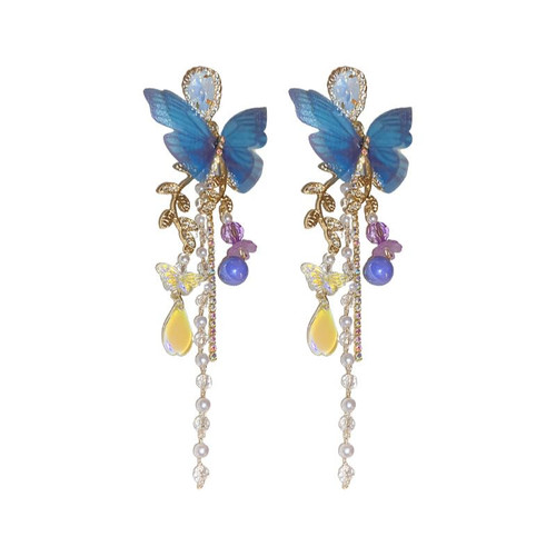 Butterfly Crystal Rhinestone Earrings for Women, Purple Butterfly Pearl Beaded Tassel Drop Dangle 3D Long Butterfly Tassel Style Zircon Earrings