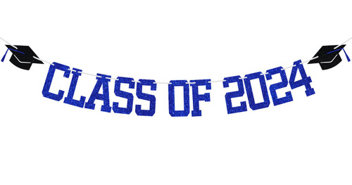 Blue Glitter Class of 2024 Banner, You Did It/Congrats Grad 2024/So Proud of You, 2024 Graduation Party Decorations Supplies