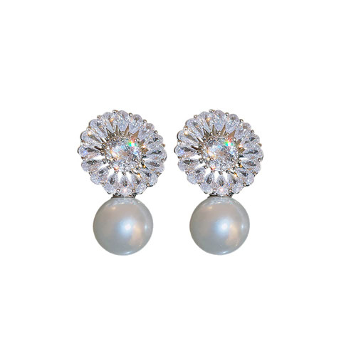 Rhinestone Pearl Dangle Stud Earrings 925 Sterling Silver Post Elegant Crystal CZ Flower Drop Boho Statement Earrings Fashion Wedding Ear Jewelry Gifts for Women Girls