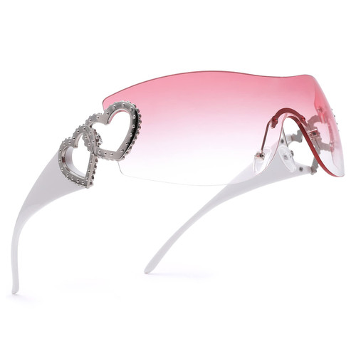 Wrap Around 2000S Rimless Sunglasses for Women Men Oversized Trendy Sun Glasses Visor Shield Shades (White/Gradient Pink)