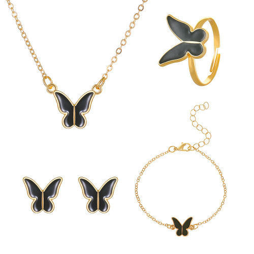 4Pcs Black Butterfly Pendant Necklace Earrings with Bracelet Ring Charm Enamel Butterfly Jewelry Set Vivid Butterfly Stud Earrings Open Ring Gold Plated Butterfly Pendant Gift for Her (black set) 4Pcs Black Butterfly Pendant Necklace Earrings with Bracelet Ring Charm Enamel Butterfly Jewelry Set Vivid Butterfly Stud Earrings Open Ring Gold Plated Butterfly Pendant Gift for Her (black set)