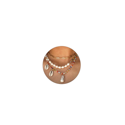 Layered Seashell Necklace Irregular Pearl Metal Pendant Necklace Boho Conch Shell Necklace Colorful Beaded Pearl Chain Necklace Beach Jewelry Gift for Women Girls