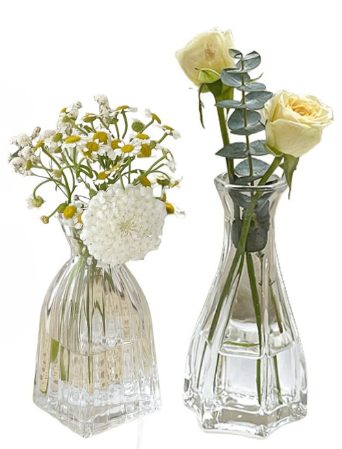 Set of 2 Small Clear Glass Vase,Embossed Glass Bud Vase Hydroponic Vase,Mini Table Vase Clear Flower Vase Decorative for Wedding Farmhouse Party Home Centerpieces Decor(Clear Grey)