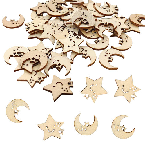 100 pcs Wooden Star Moon Shaped Unfinished Wood Slice DIY Craft Cutout Wooden Slices Embellishments Gift for Embellishments Table Decoration Christmas Wedding Party(100 pcs)
