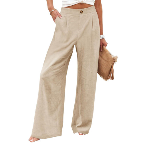 Womens Button Dressy Wide Leg Pants with Pockets Summer High Waisted Business Casual Work Palazzo Pants for Women Dressy Boho Beach Pants Trousers Flowy Pants for Women Beige