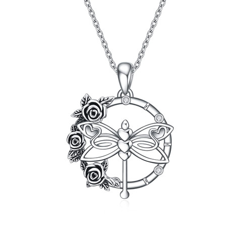 Dragonfly Necklace Sterling Silver Rose Flower Dragonfly Pendant Necklace Christmas Spring Jewelry Gifts for Women