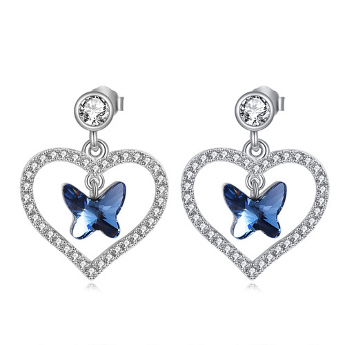 Butterfly Earrings 925 Sterling Silver Blue Crystal Butterfly Dangle Earrings Heart Jewelry Gift for Women Butterfly Earrings 925 Sterling Silver Blue Crystal Butterfly Dangle Earrings Heart Jewelry Gift for Women
