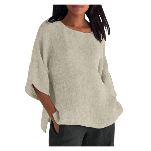 Sales Today Clearance Women Sale Items Lightning Deals of Today Clearance Linen Shirts for Women 3/4 Sleeve Crewneck Oversized T Shirts Loose Casual Blouses Lightweight Trendy Summer Tops