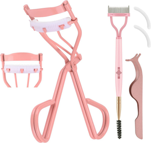 Eyelash Curlers with Built in Comb, Double-Ended Eyelash Comb and Eyelash Tweezers, Eyelashes Curler with 2 Refill Pads, Get a Lash Lift in Seconds Professional Lash Tools(Pink)