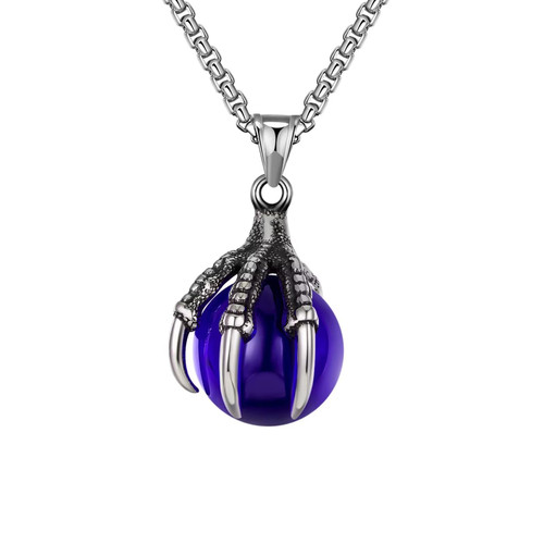 Dragon Claw Pendant Necklace for Women and Men Vintage Stainless Steel Purple Blue Red Green Ball Hip Hop Punk Gothic Biker Amulet Protection Talisman Necklaces,24 Inches Chain
