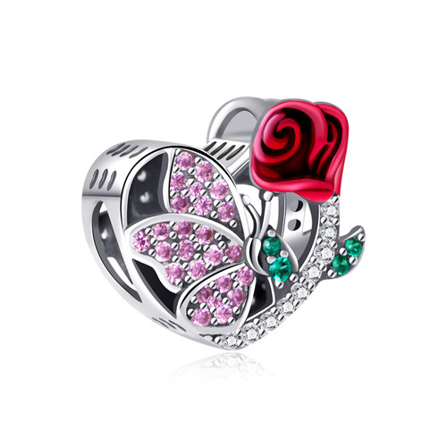 Butterfly & Birthday Flower Rose Charm 925 Sterling Silver Bead for pandora Charms Bracelet with 5A Cubic Zirconia, Jewelry Gifts Birthday Gift for Mom Women Wife Girls Her