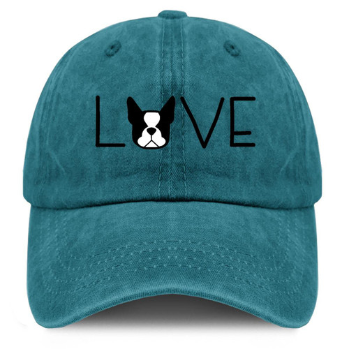 Boston Terrier Love Baseball Cap Vintage Washed Dog Mom Women's Baseball Caps Adjustable Cotton Walking Hat Cyan Blue