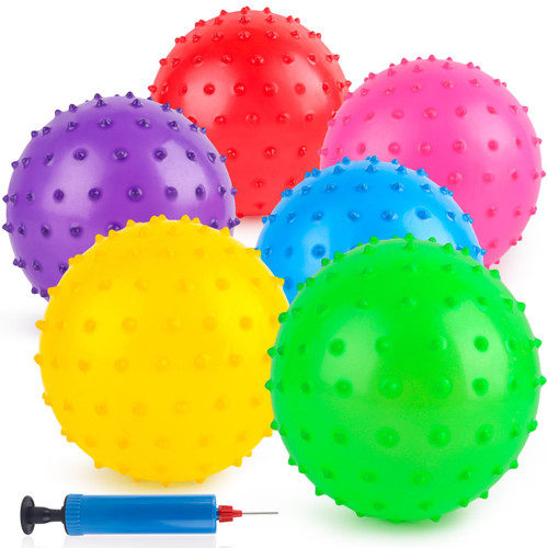 6PCS Bounce Balls with Pump, Knobby Balls 7inch Sensory Balls Spiky Massage Balls for Babies Toddlers