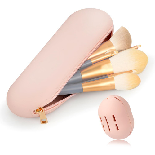 Travel Makeup Brush Holder with Makeup Sponge Holder,Portable Closed Zipper Design, Silicone Makeup Brush Bag Soft and Sleek Makeup Tools Organizer for Travel-(Pink)