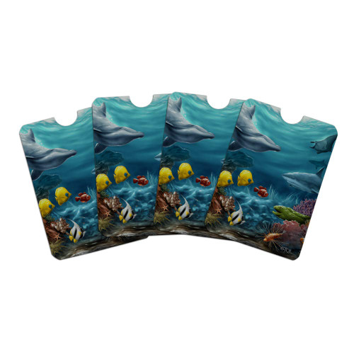 Coral Reef Ocean Scene Dolphin Turtle Shark Stingray Fish Credit Card RFID Blocker Holder Protector Wallet Purse Sleeves Set of 4