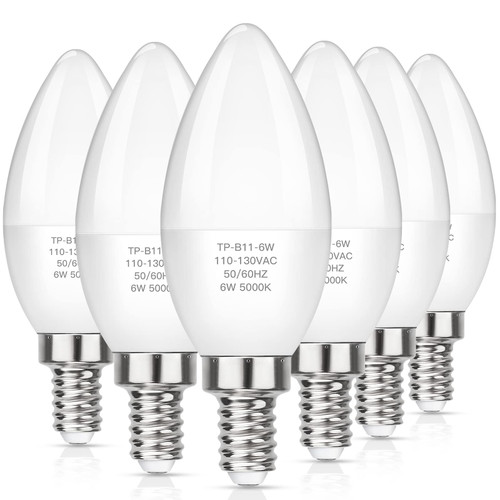 E12 LED Candelabra Light Bulbs 60W Equivalent, Daylight White 5000K 600 Lumen Chandelier Bulb, 6W B11 Candle Base, Non-Dimmable, Pack of 6 E12 LED Candelabra Light Bulbs 60W Equivalent, Daylight White 5000K 600 Lumen Chandelier Bulb, 6W B11 Candle Base, Non-Dimmable, Pack of 6
