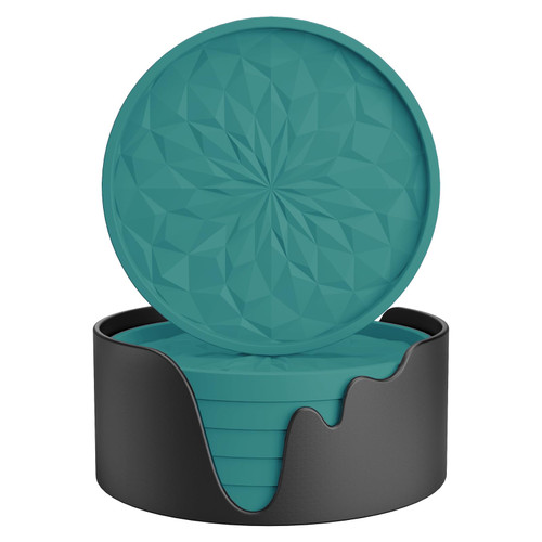 Silicone Coasters [6 Pack] Coasters with Holder - Drinking Coasters - Cup Mat for Drinks - Live for Hot or Cold Drink Thickened, Non-Slip, Non-stick, Deep Tray Teal Blue