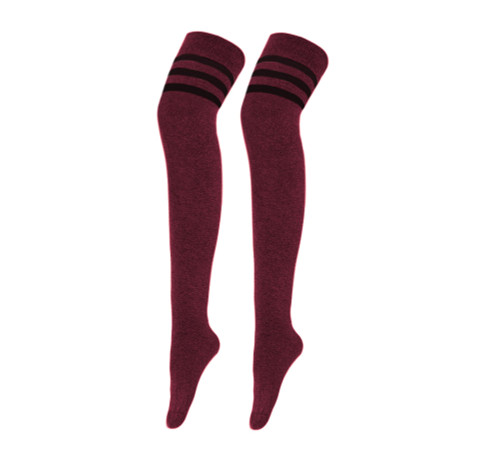 Women Long Thigh High Socks Cotton Over the Knee Socks with Stripes (Burgundy)